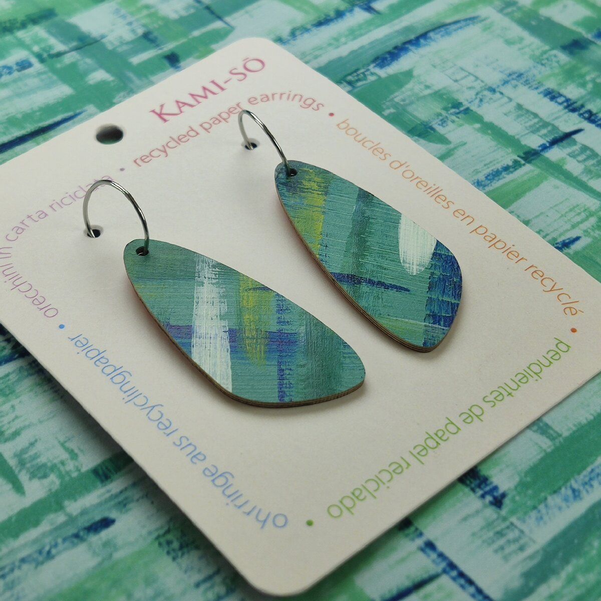 Oval Recycled Paper Earrings - Teal, Yellow, White & Blue
