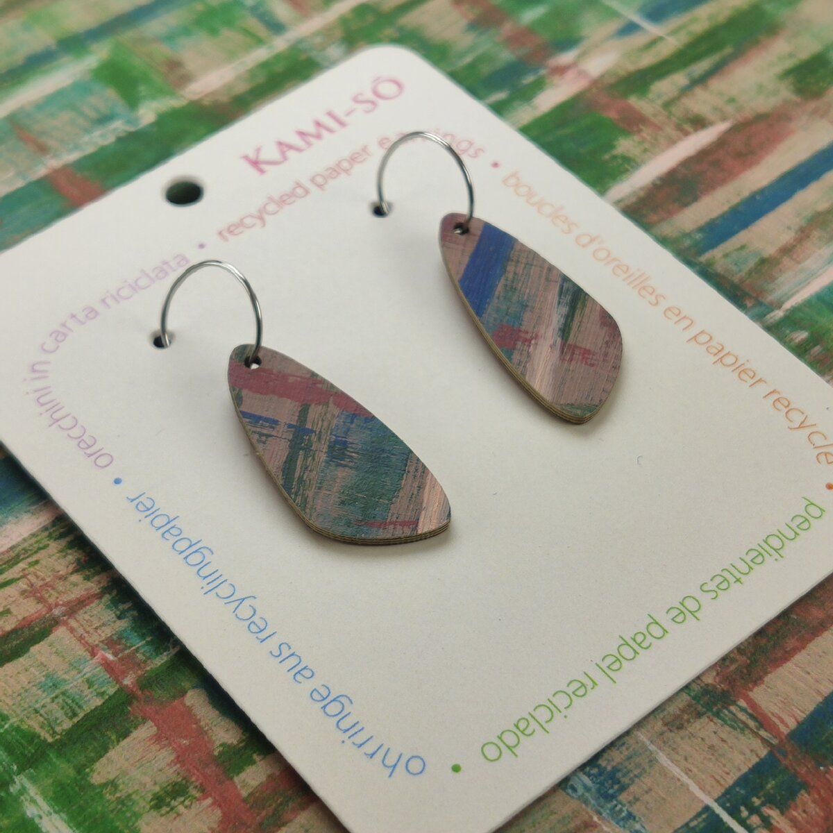 Oval Recycled Paper Earrings - Brown, Blue & Green