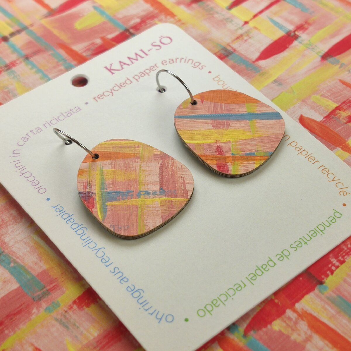 Square Recycled Paper Earrings - Apricot, Red, Blue & Yellow