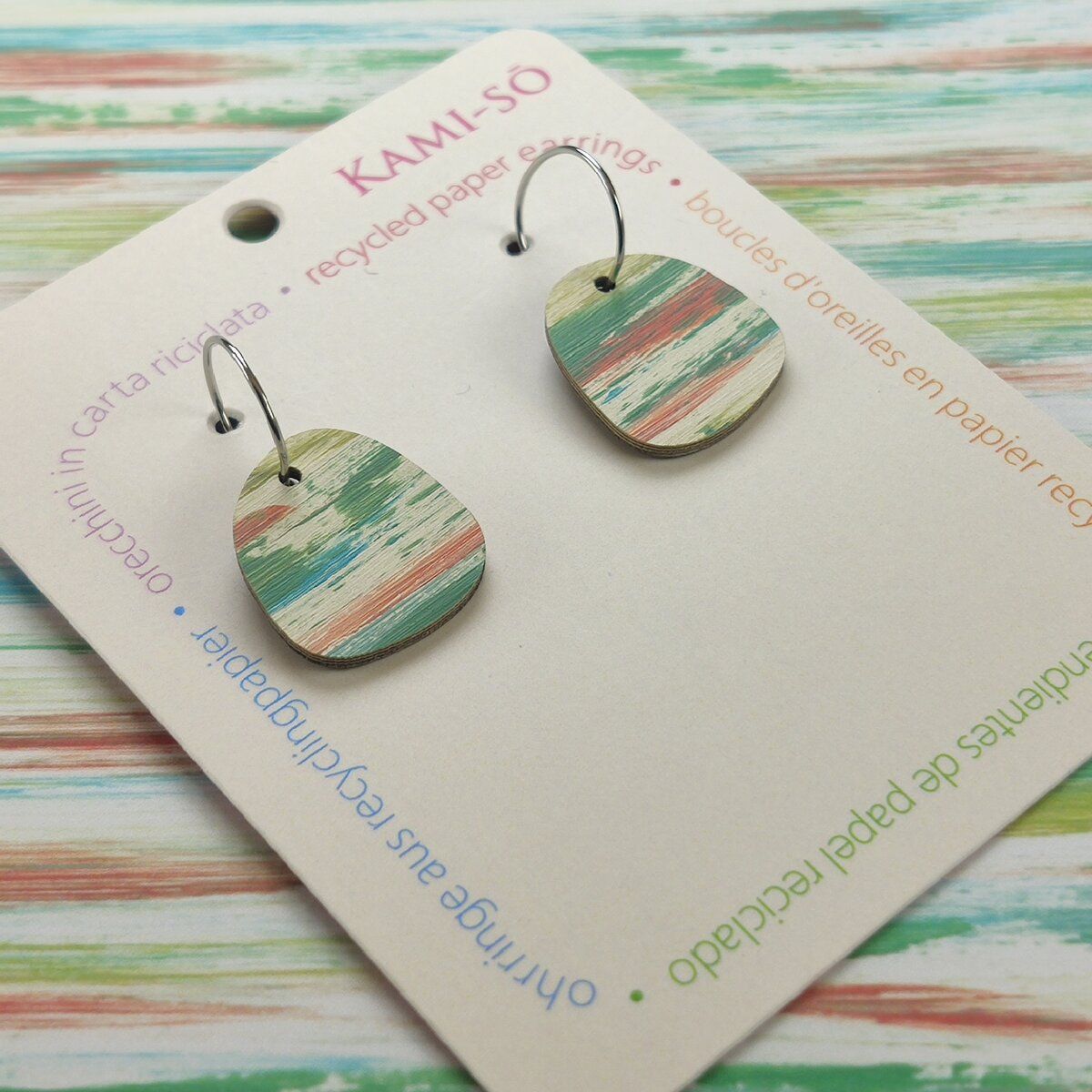 Mini Recycled Paper Earrings - Green, Blue & Orange