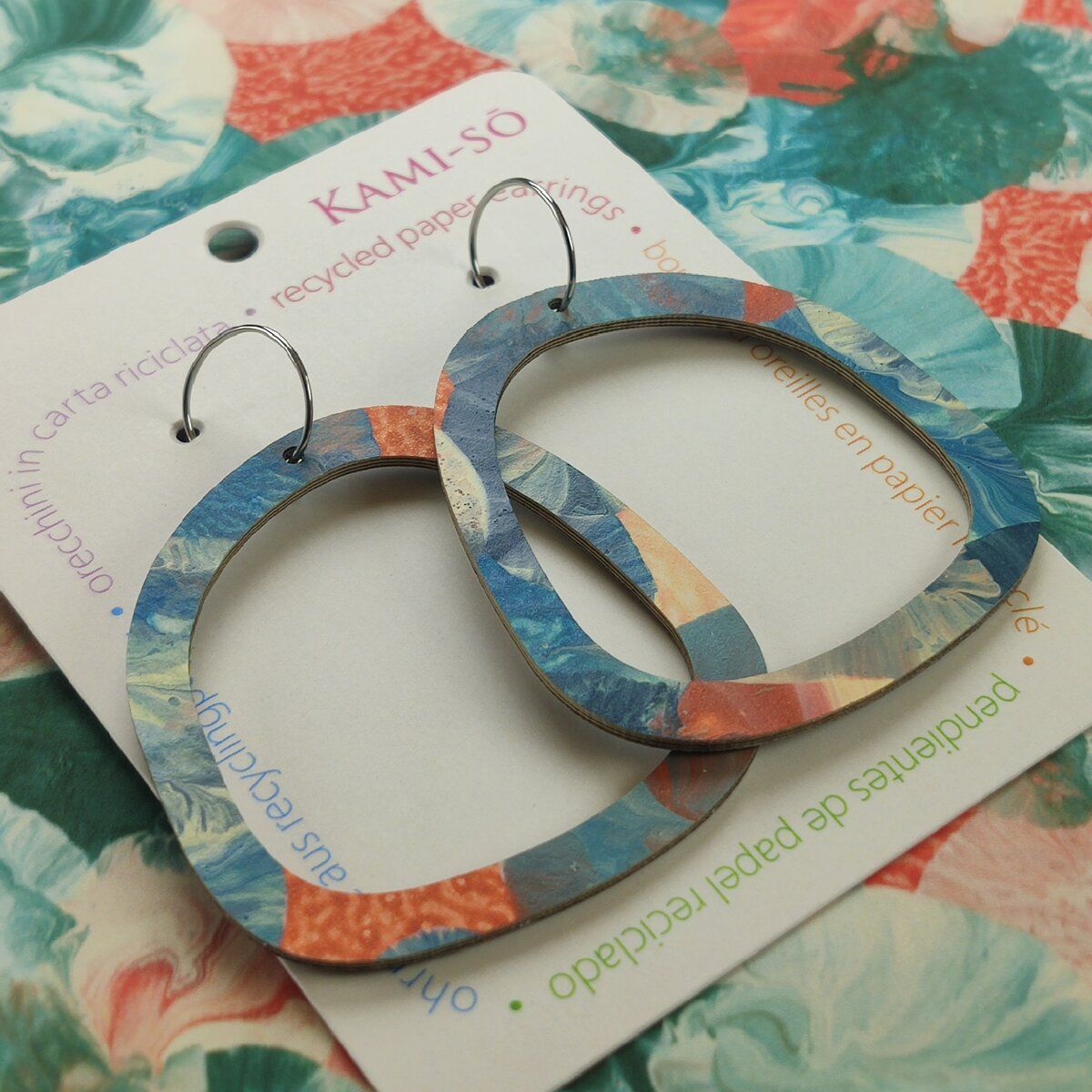 Square Recycled Paper Earrings - Blue, Orange & Cream