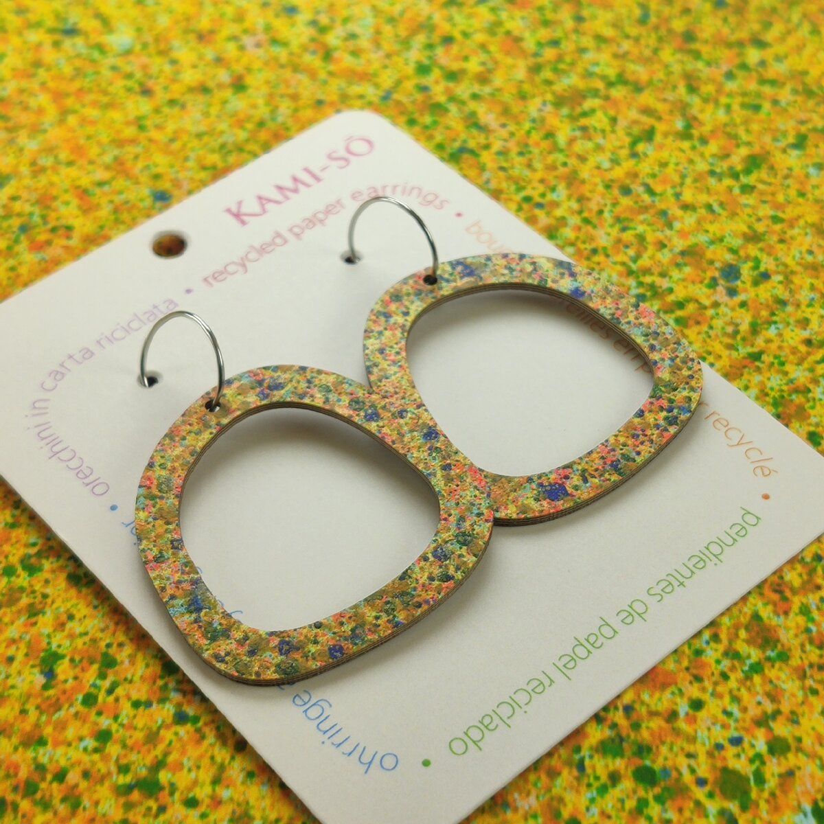 Square Recycled Paper Earrings - Mustard Speckle