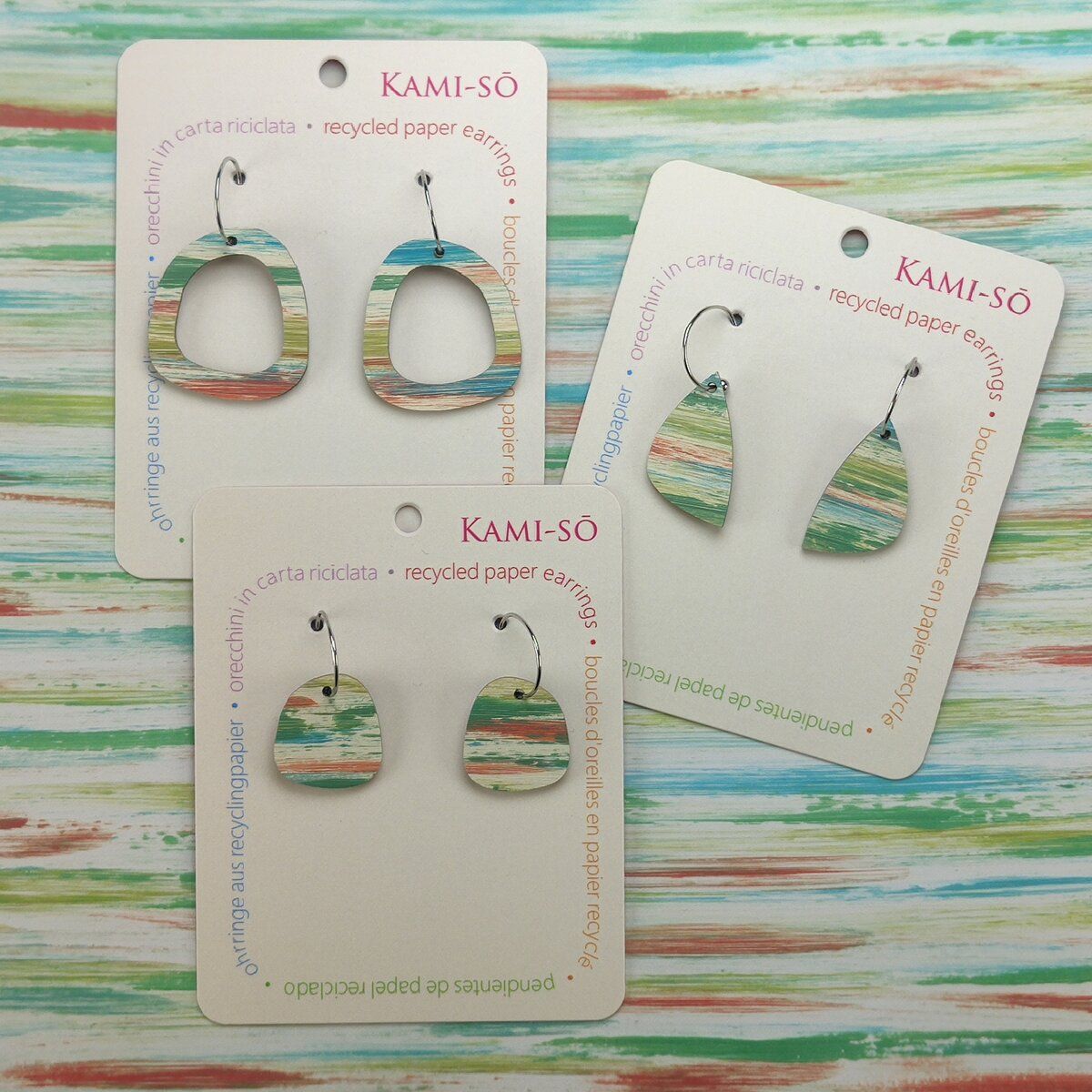 Mini Recycled Paper Earrings - Green, Blue & Orange