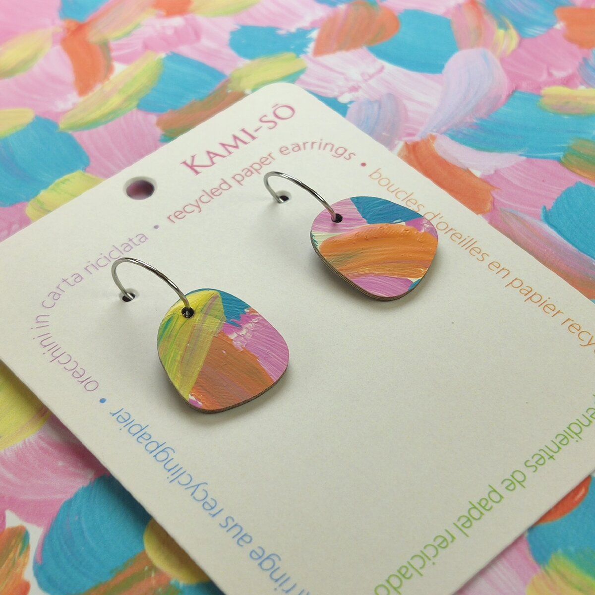Square Recycled Paper Earrings - Pink, Blue & Yellow