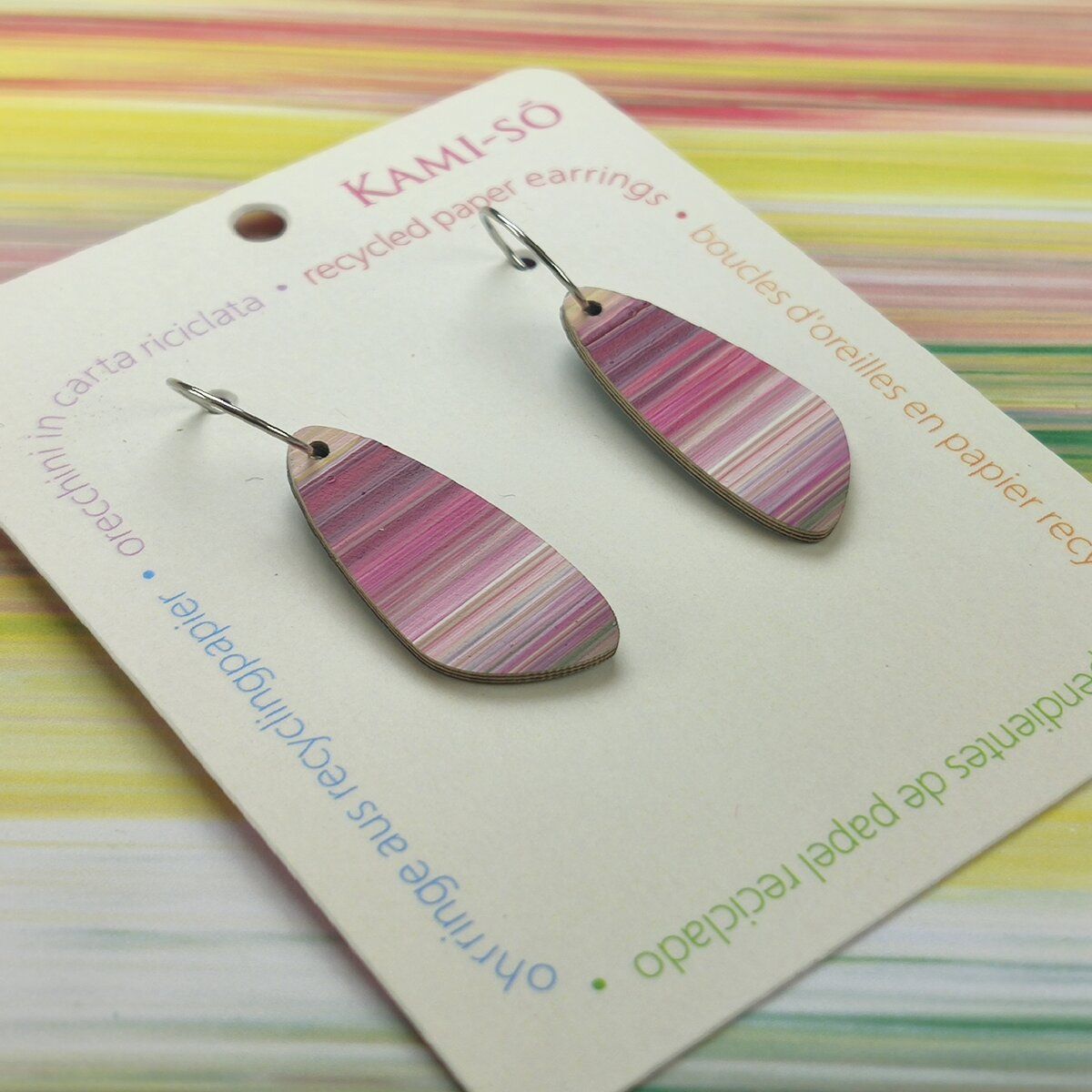 Oval Recycled Paper Earrings - Green & Magenta Stripe