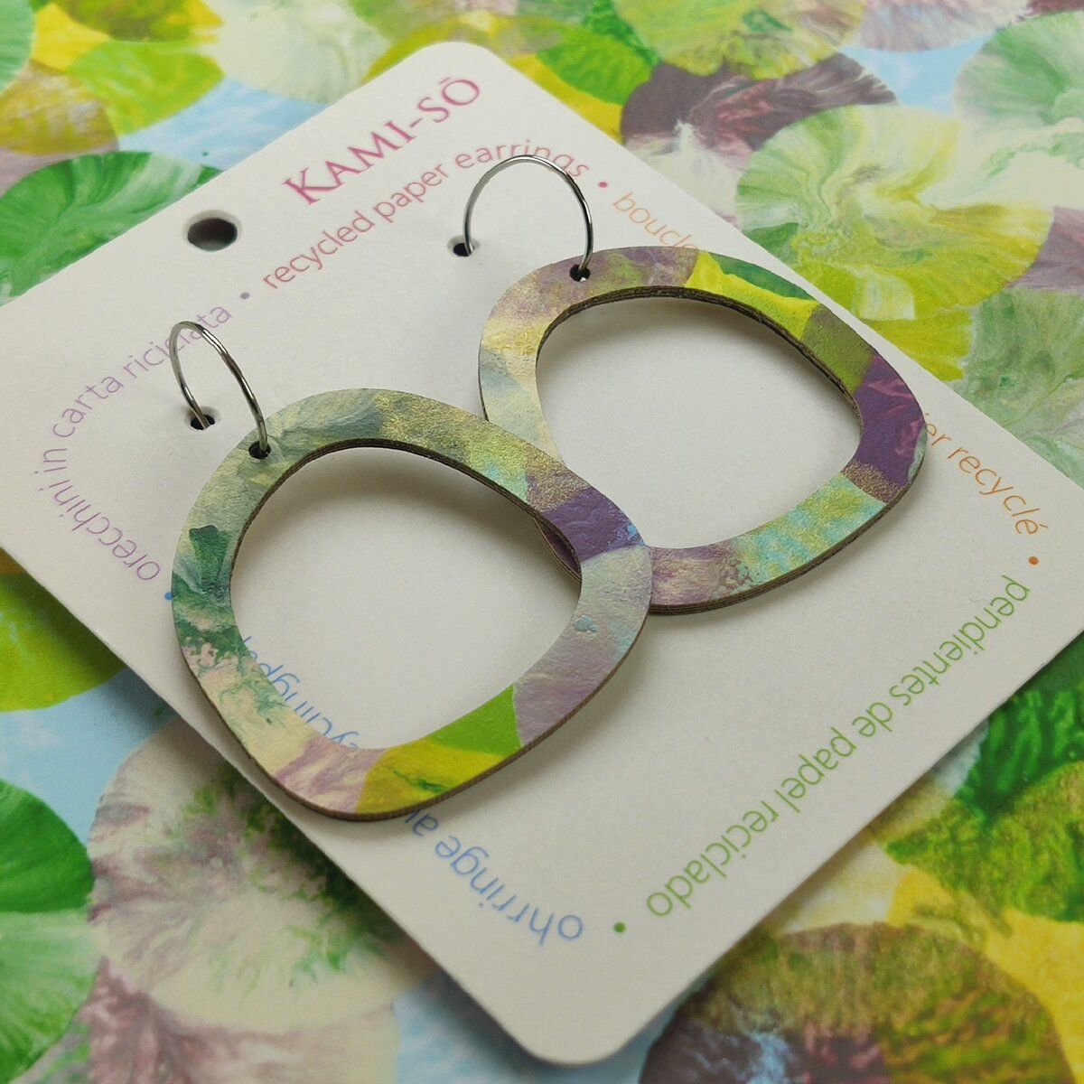 Square Recycled Paper Earrings - Green, Lilac & Blue