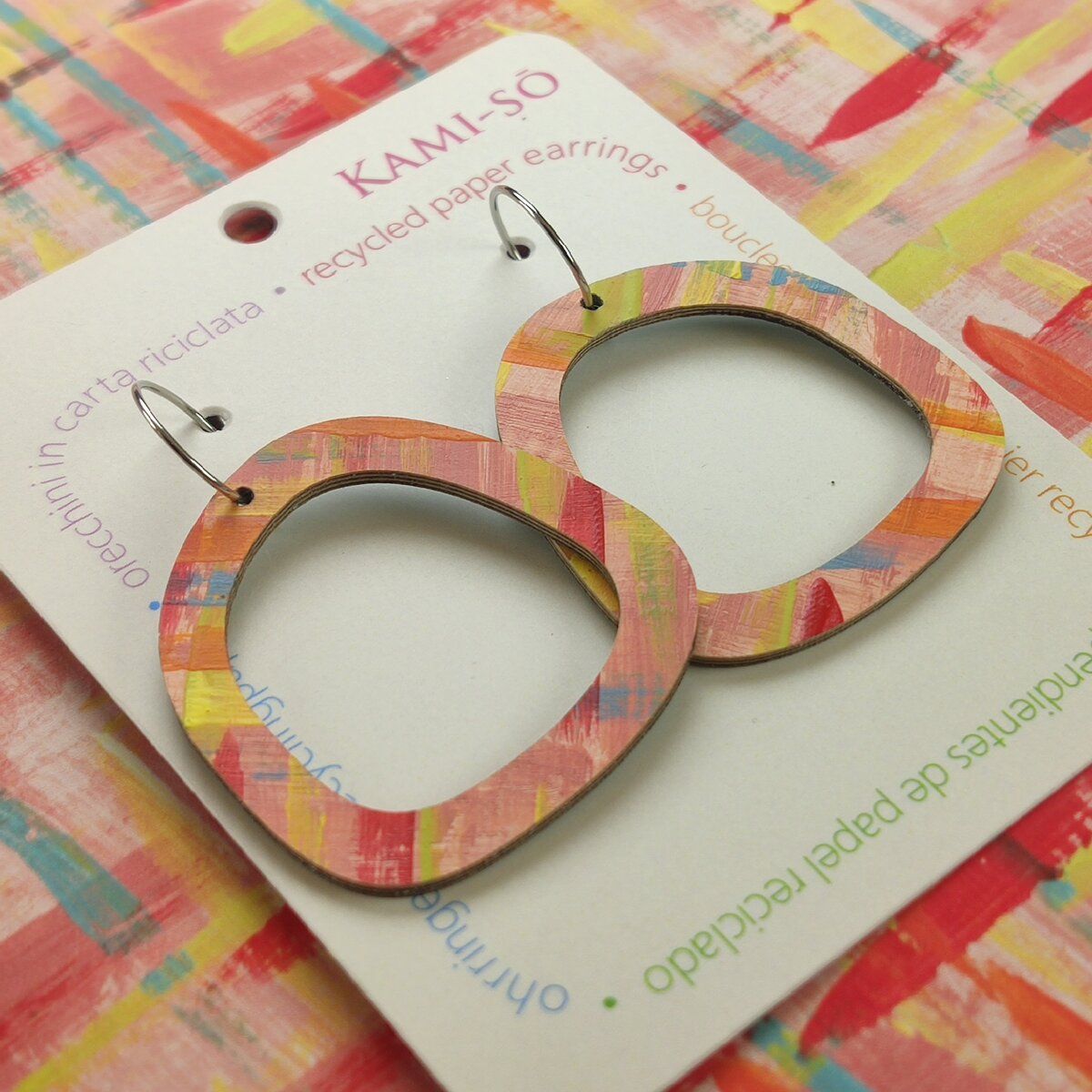 Square Recycled Paper Earrings - Apricot, Red, Blue & Yellow