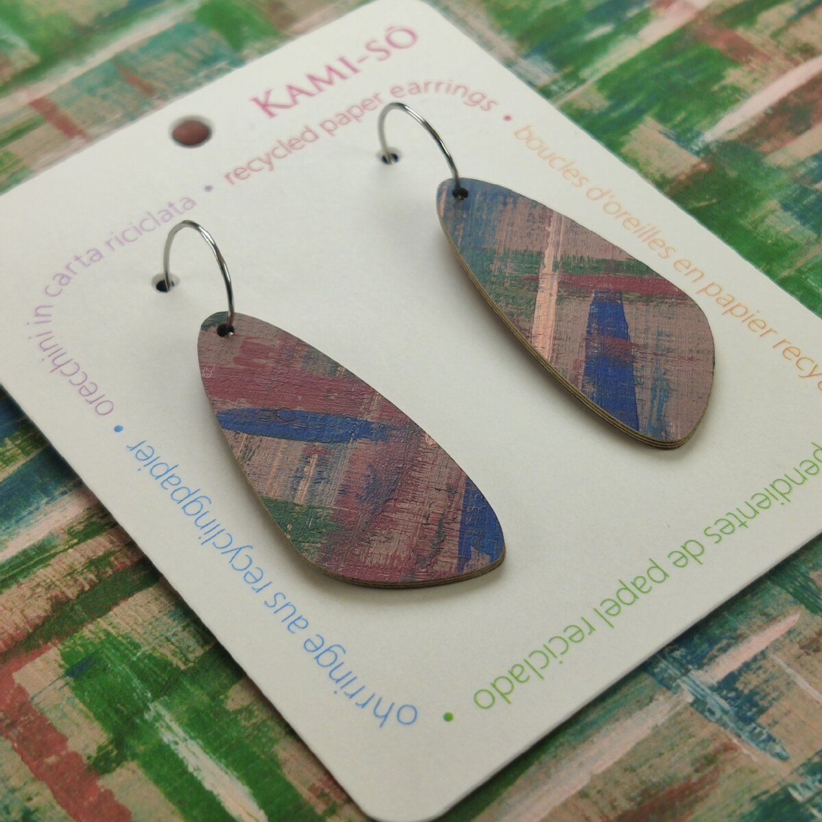Oval Recycled Paper Earrings - Brown, Blue & Green