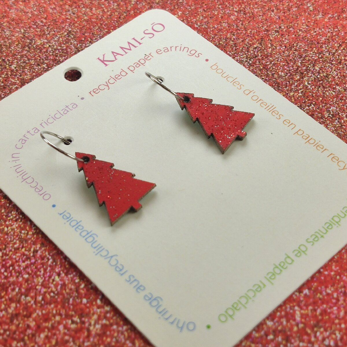 Christmas Tree Recycled Paper Earrings - Red Sparkle / Green Sparkle