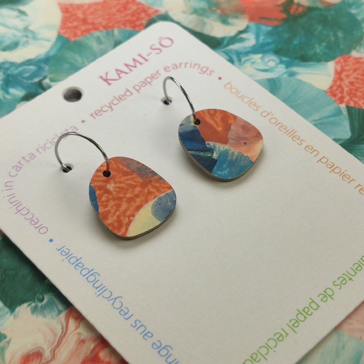 Square Recycled Paper Earrings - Blue, Orange & Cream