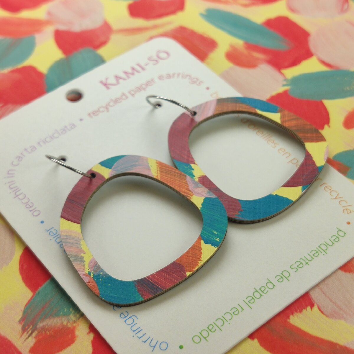 Square Recycled Paper Earrings - Yellow, Blue & Orange