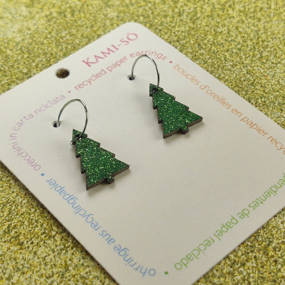 Christmas Tree Recycled Paper Earrings - Green Sparkle / Gold Sparkle