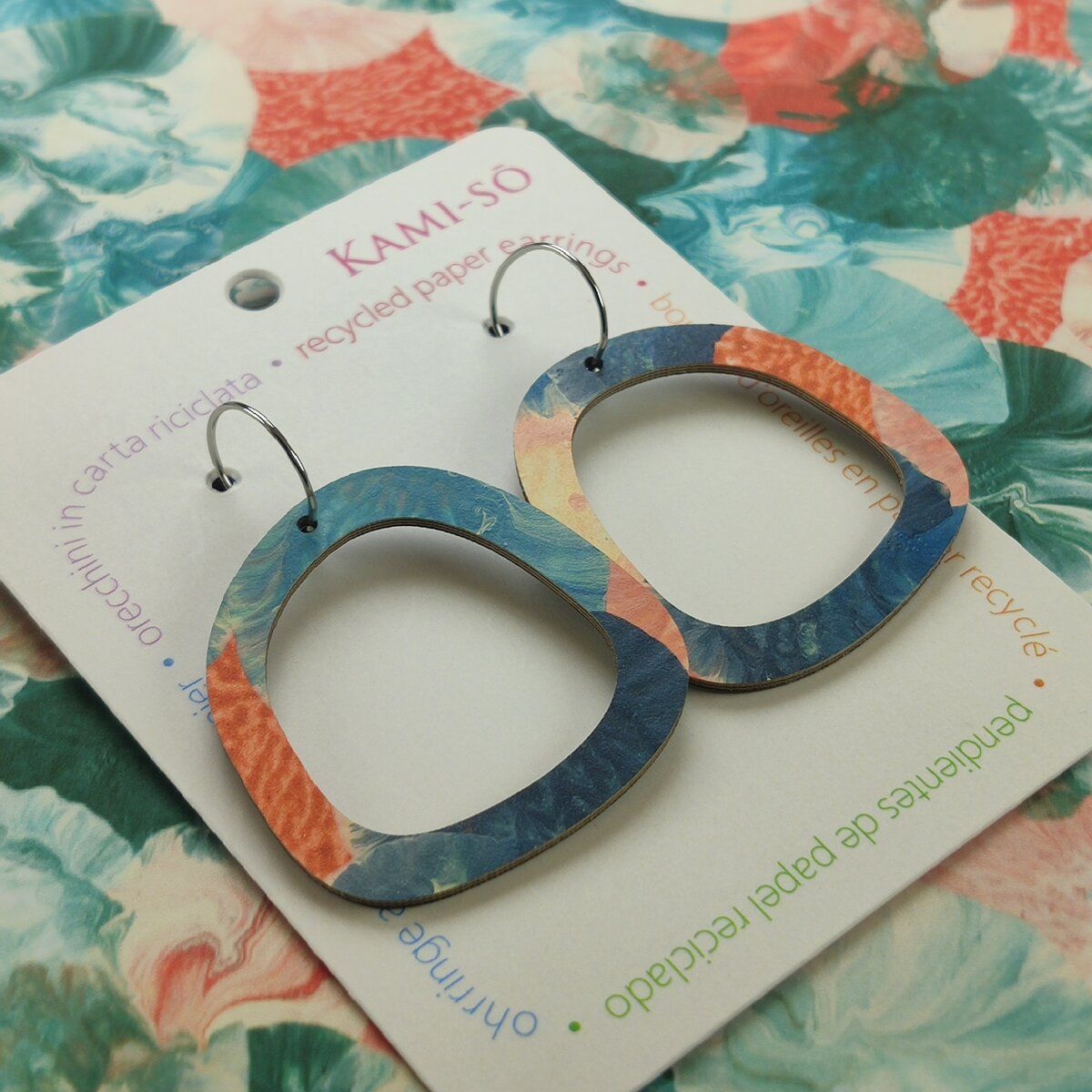 Square Recycled Paper Earrings - Blue, Orange & Cream