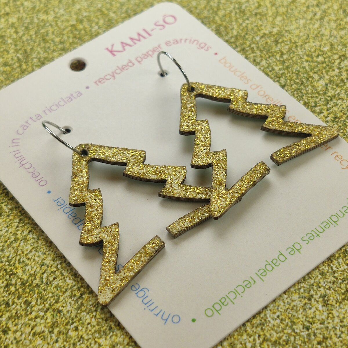 Christmas Tree Recycled Paper Earrings - Green Sparkle / Gold Sparkle