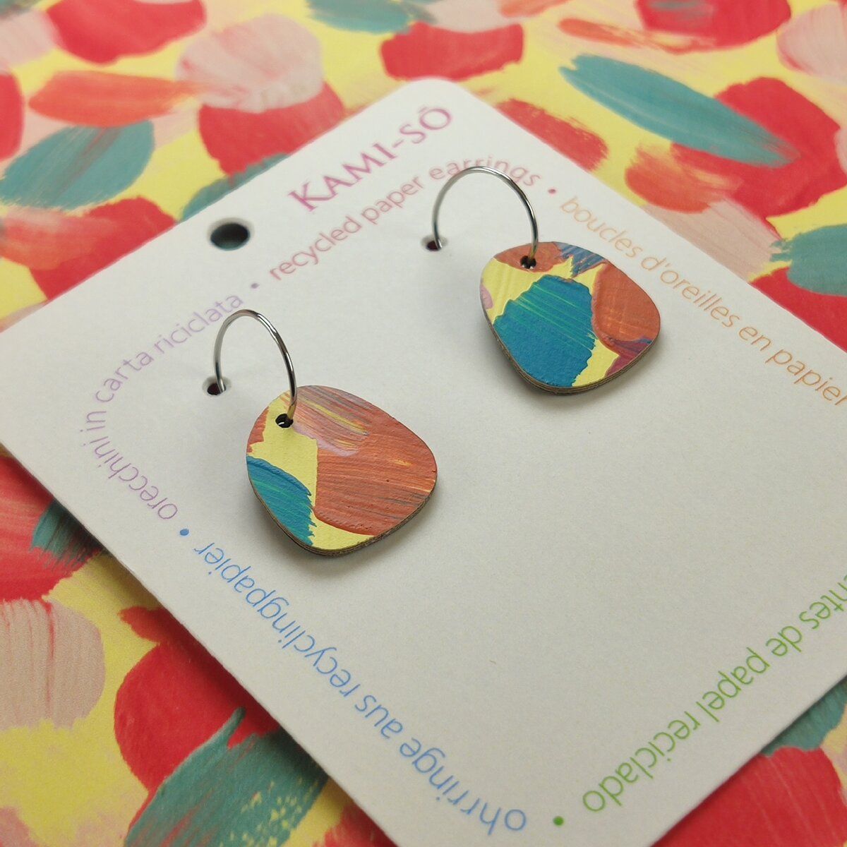 Square Recycled Paper Earrings - Yellow, Blue & Orange