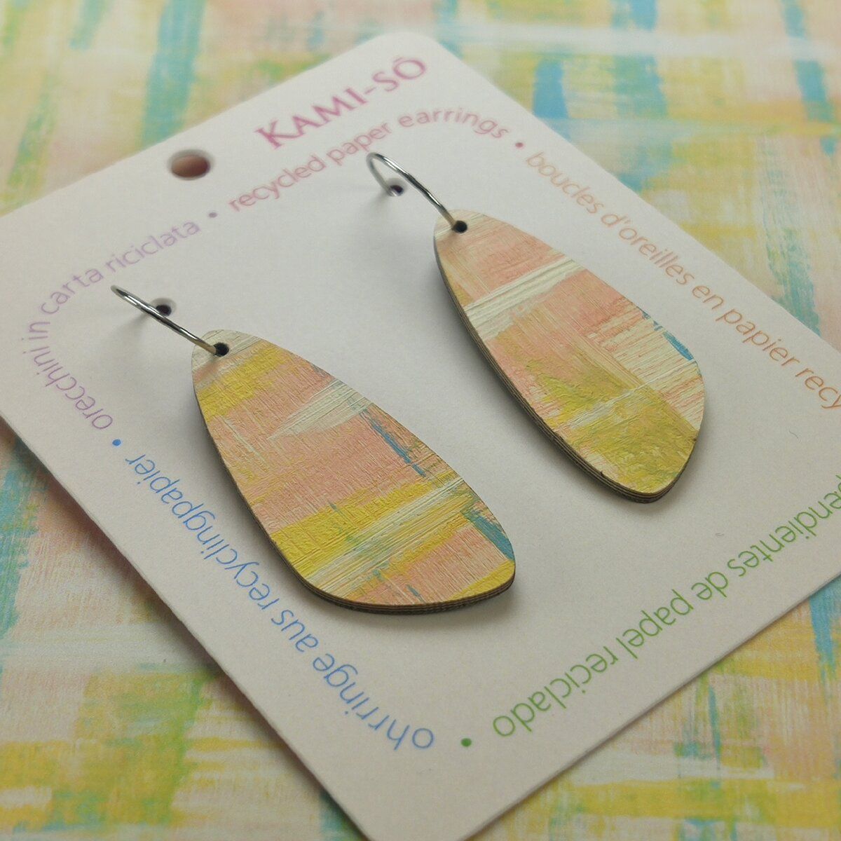 Oval Recycled Paper Earrings - Pale Orange & Blue