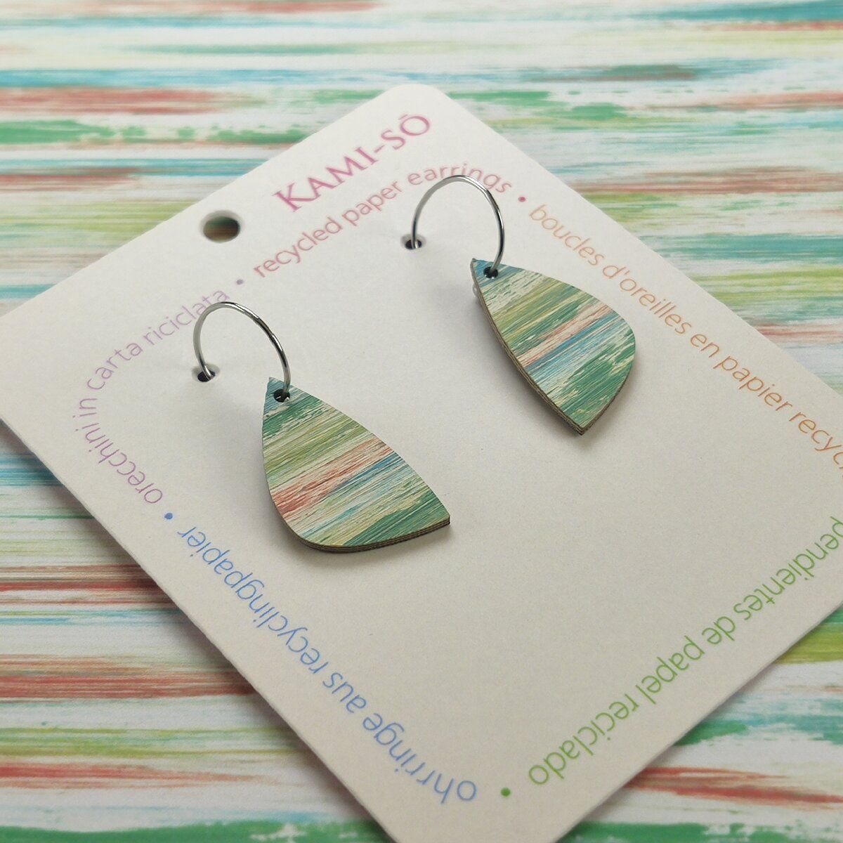 Mini Recycled Paper Earrings - Green, Blue & Orange