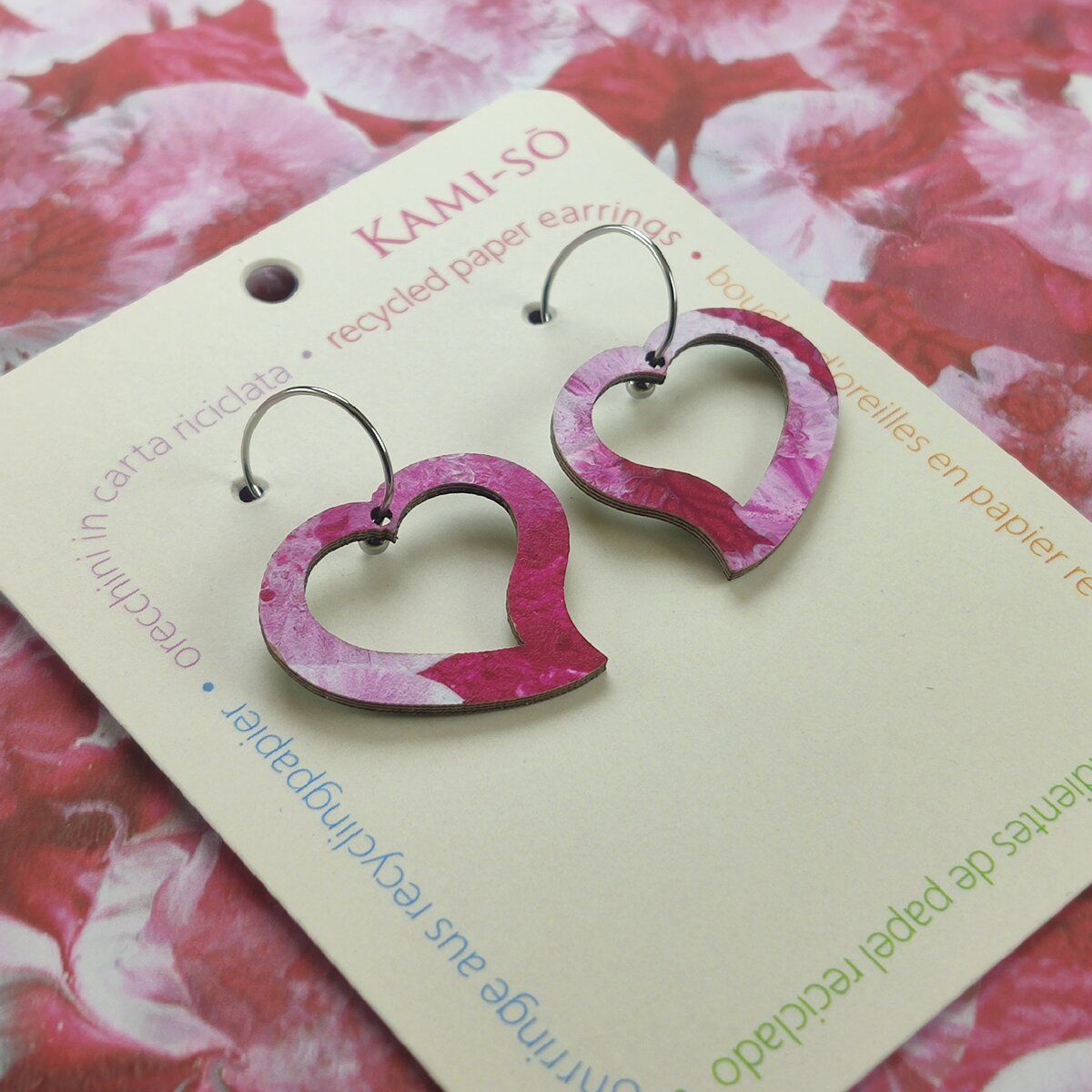 Heart Recycled Paper Earrings - Magenta & White