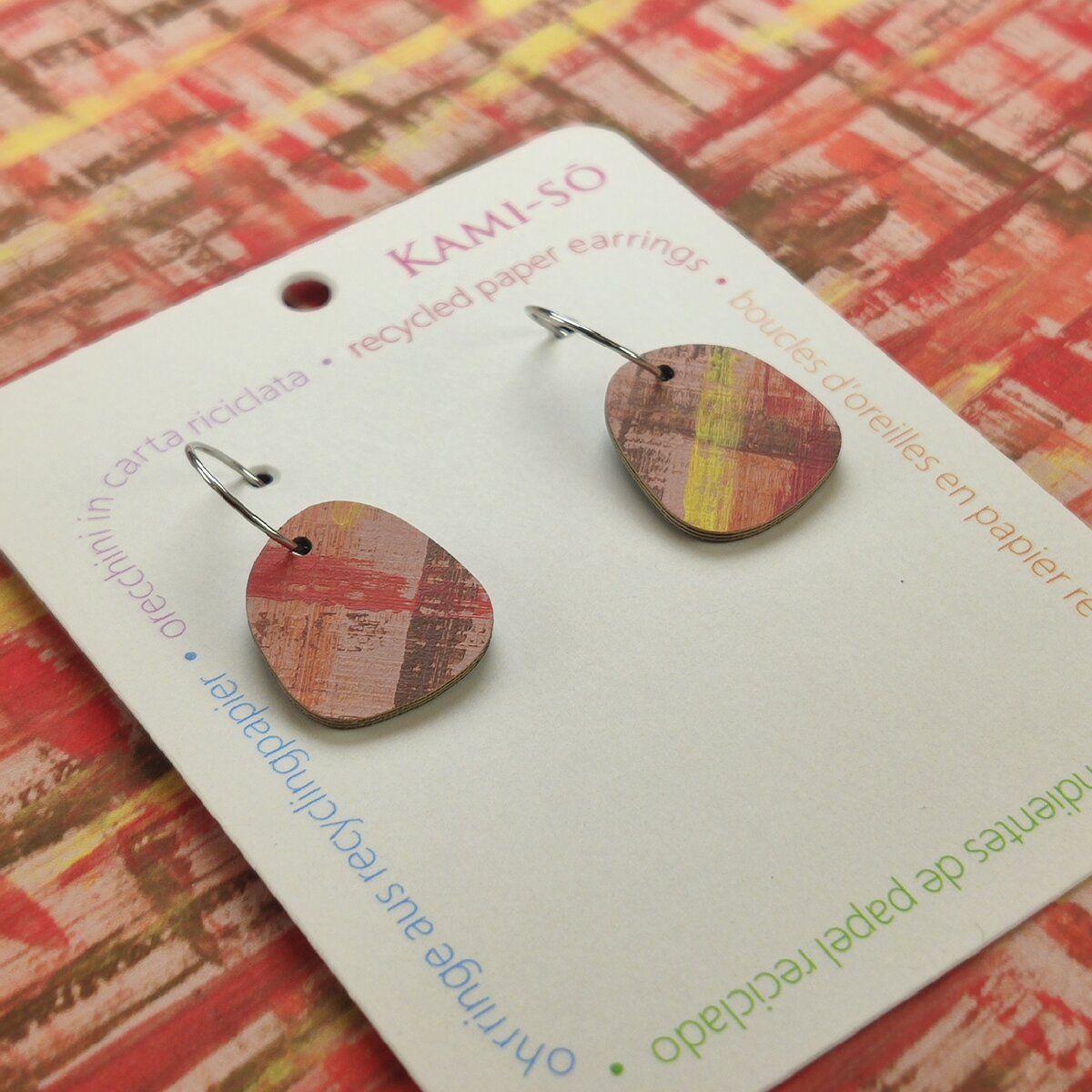 Square Recycled Paper Earrings - Brown, Maroon, Orange & Yellow