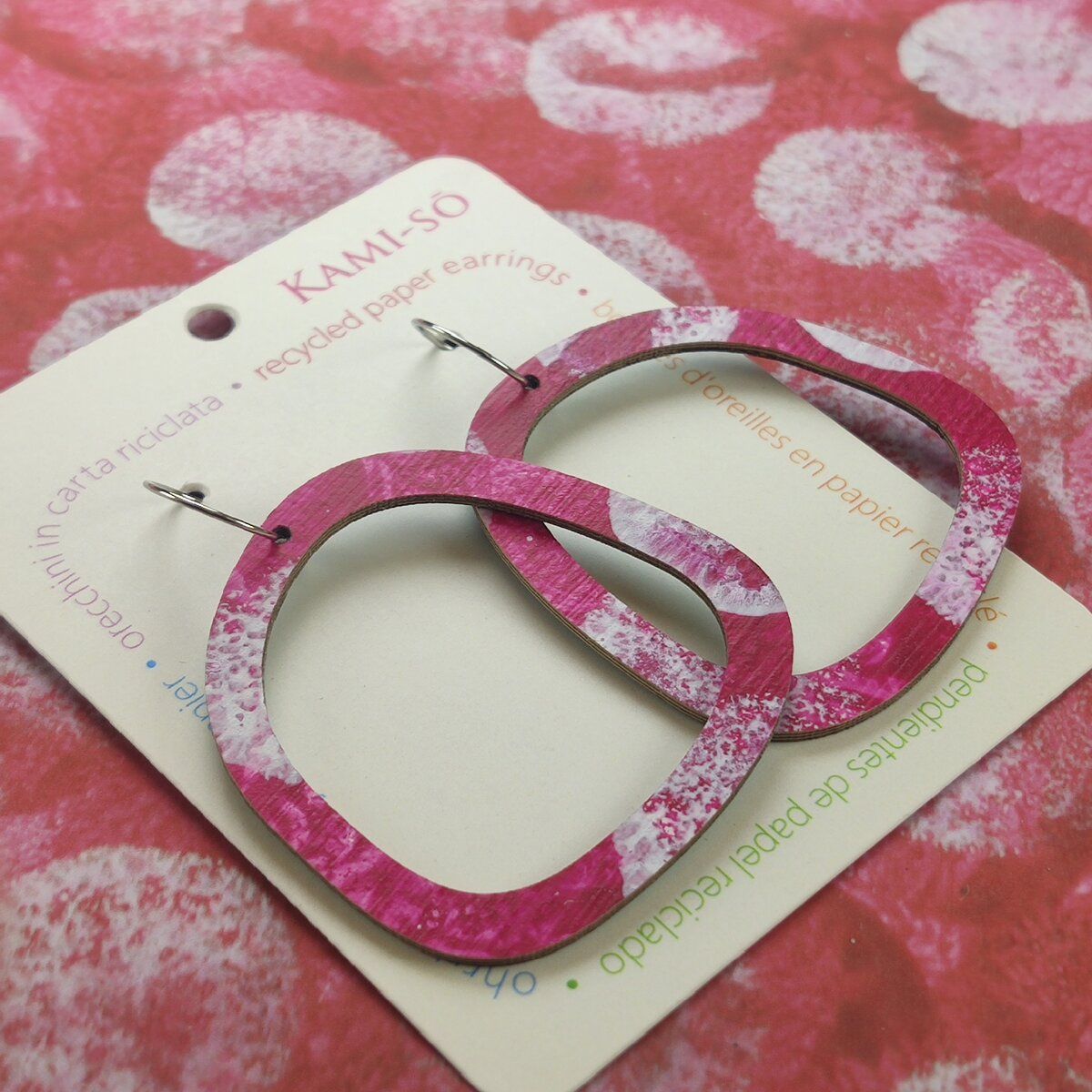 Square Recycled Paper Earrings - Magenta & White