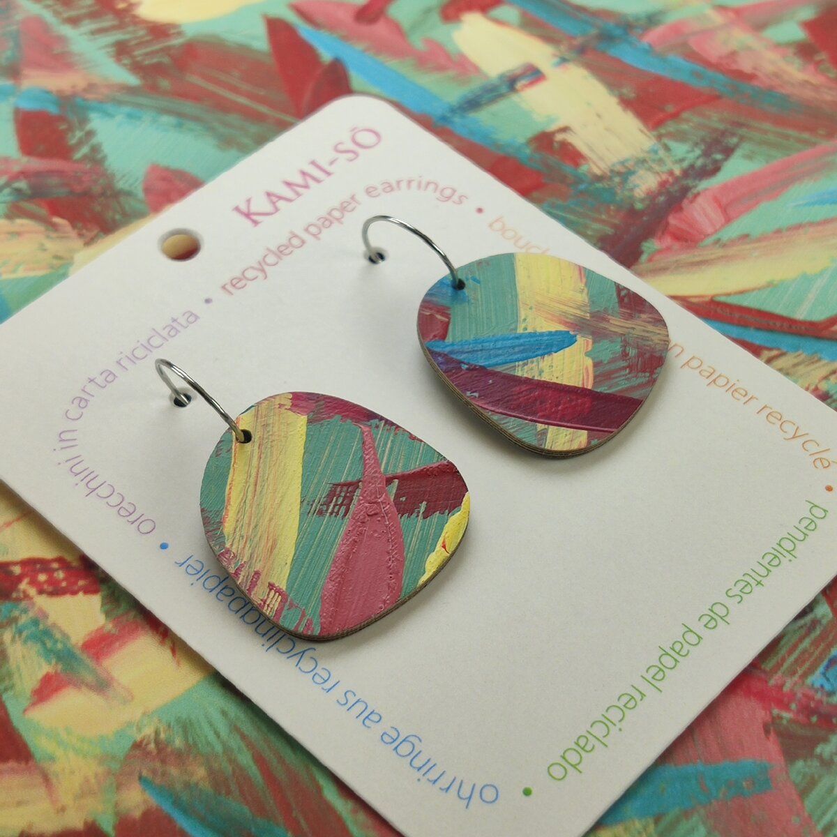 Square Recycled Paper Earrings - Green, Maroon, Blue & Yellow