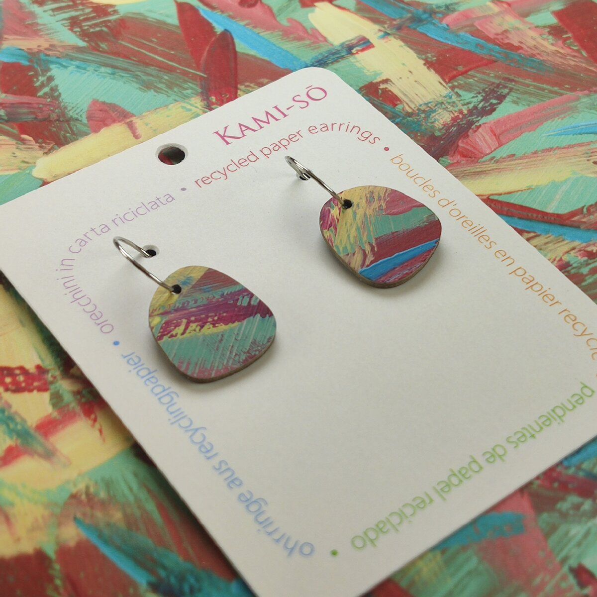 Square Recycled Paper Earrings - Green, Maroon, Blue & Yellow