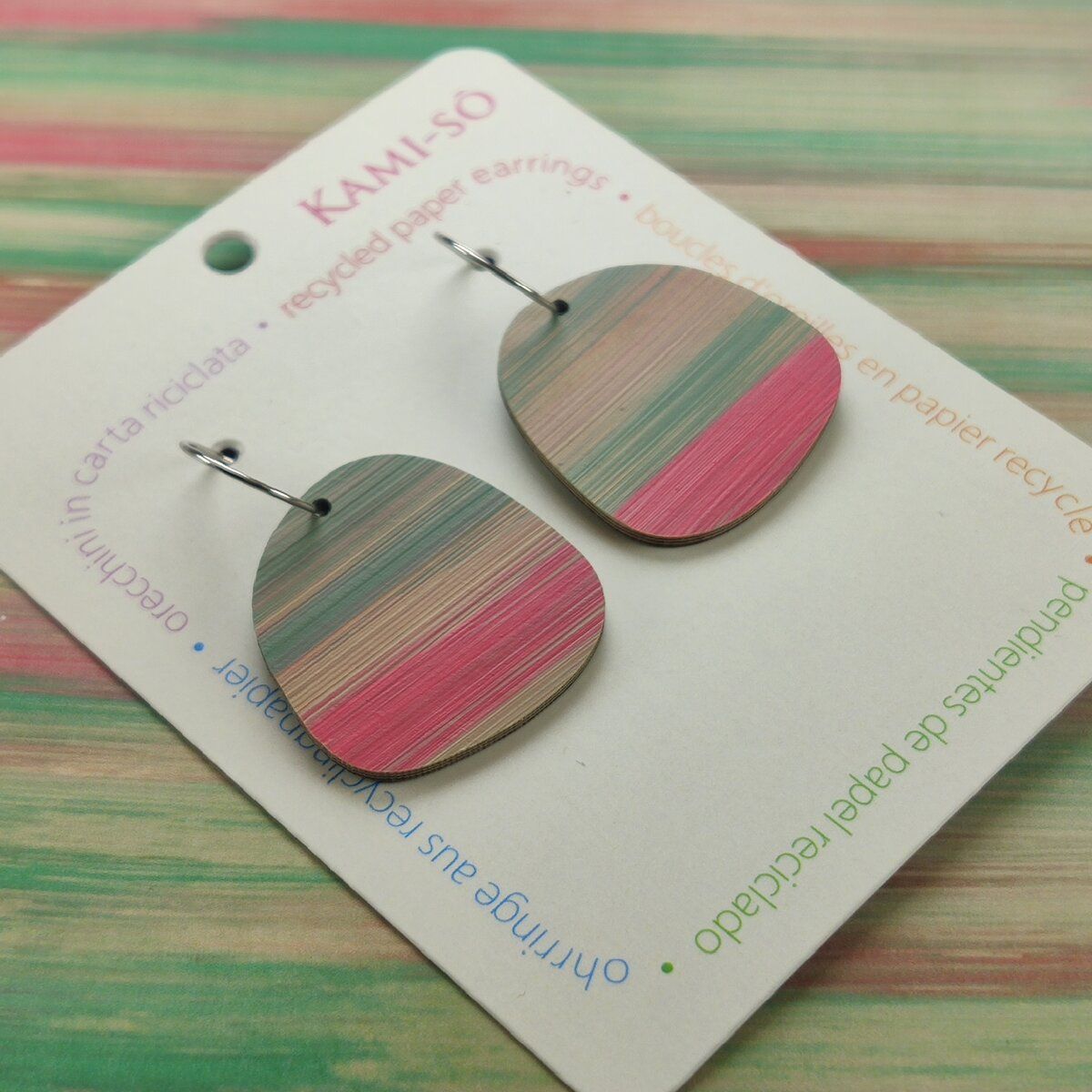 Square Recycled Paper Earrings - Light Brown, Green & Pink