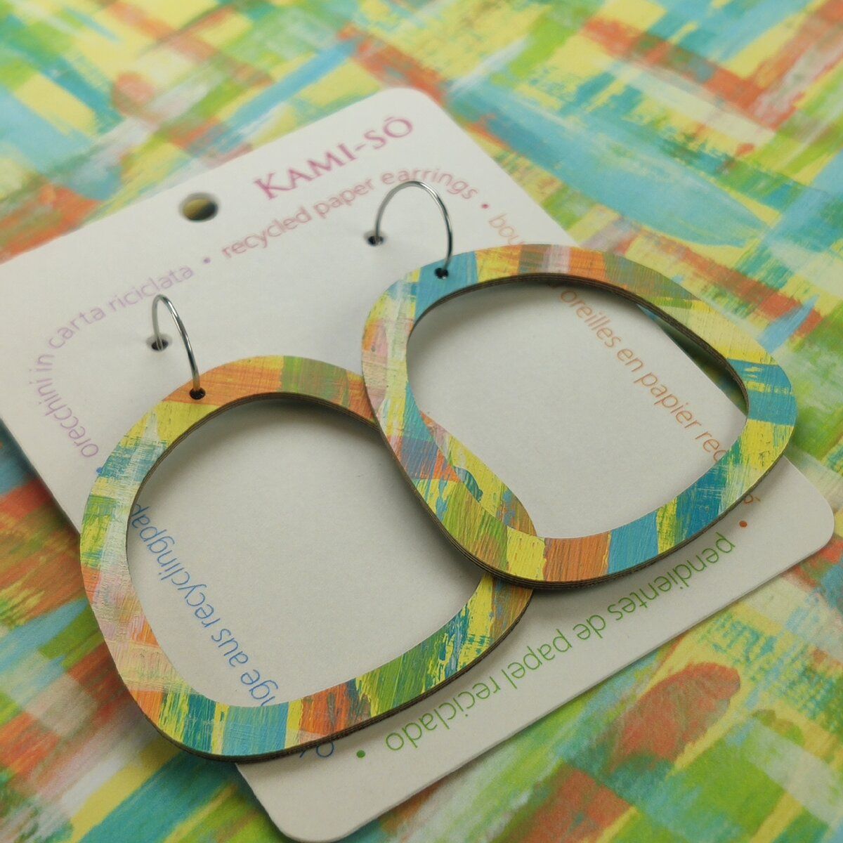 Square Recycled Paper Earrings - Yellow, Orange & Blue