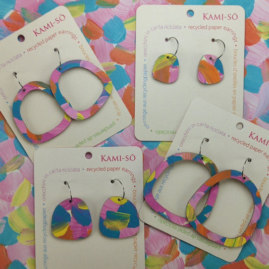 Square Recycled Paper Earrings - Pink, Blue & Yellow