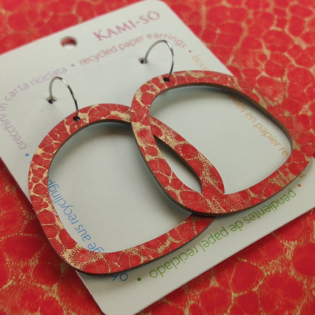 Square Recycled Paper Earrings - Red & Gold Crackle