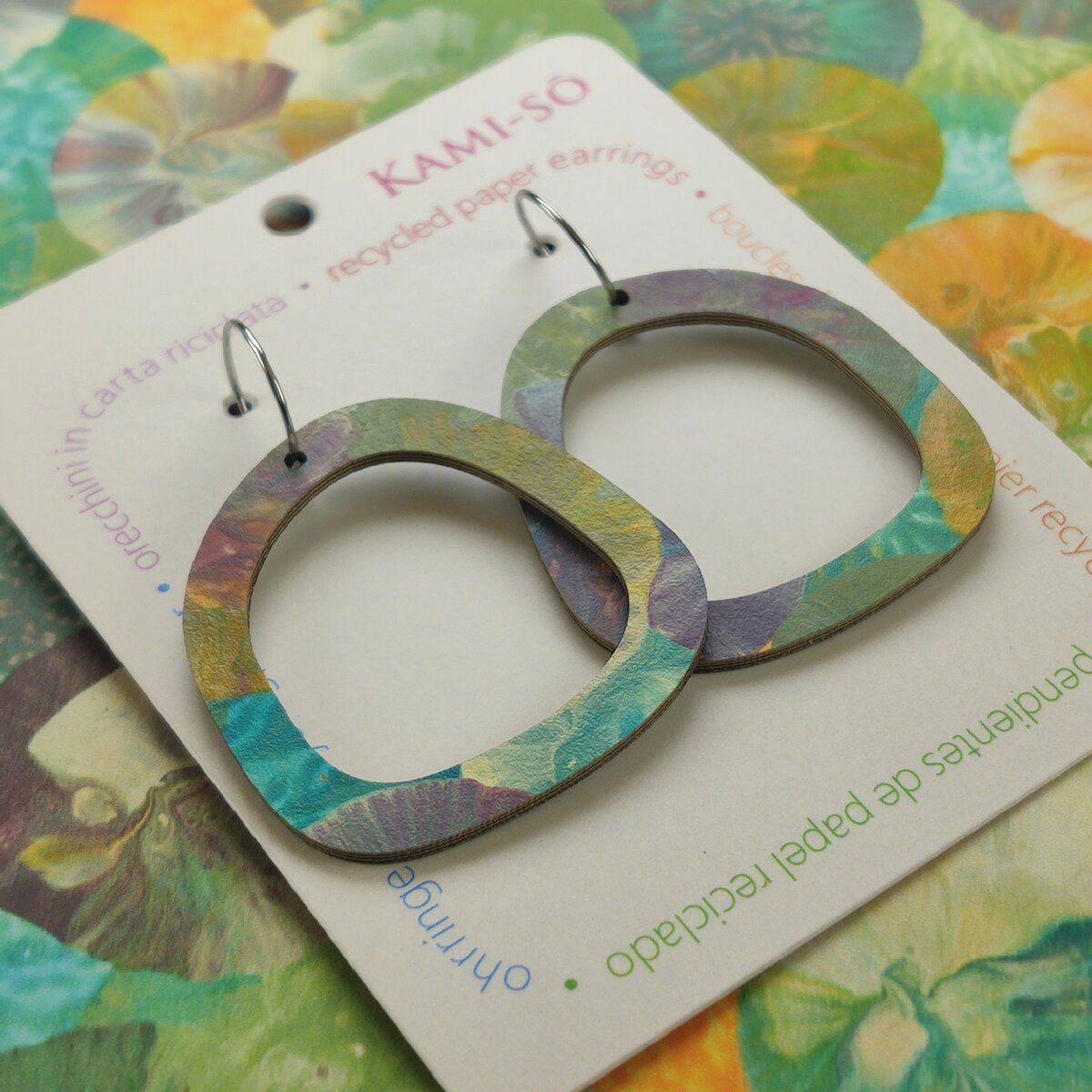 Square Recycled Paper Earrings - Teal, Orange & Lilac