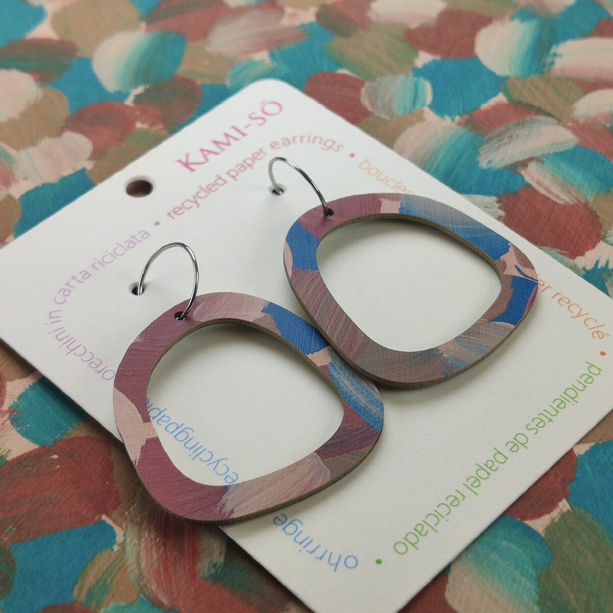 Square Recycled Paper Earrings - Brown, Maroon & Blue