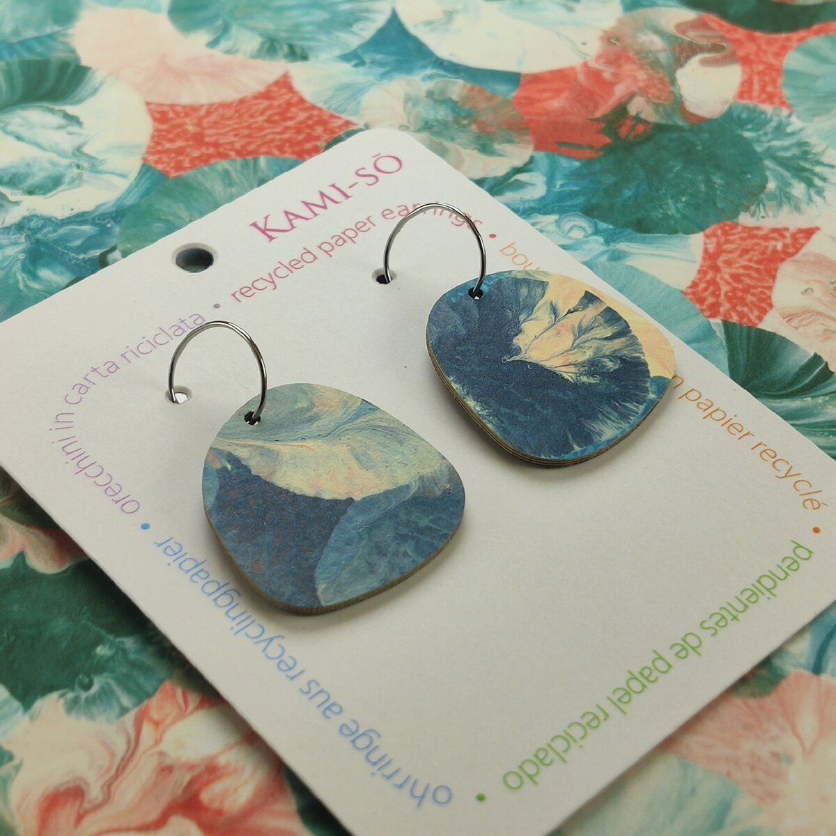 Square Recycled Paper Earrings - Blue, Orange & Cream
