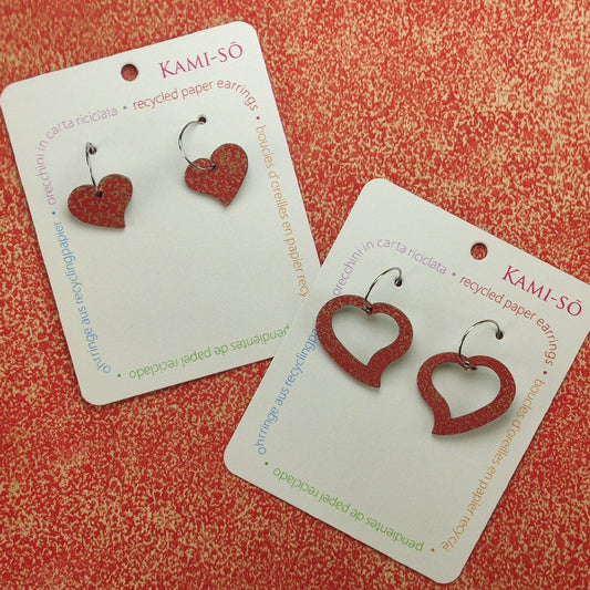 Heart Recycled Paper Earrings - Maroon & Gold Crackle