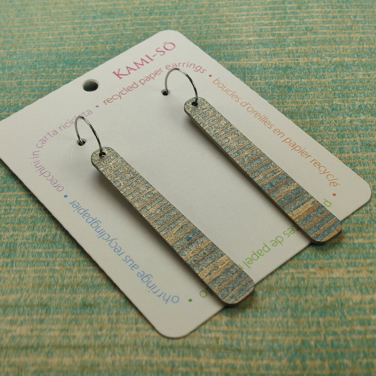 Paddle Recycled Paper Earrings - Blue & Gold Striipe