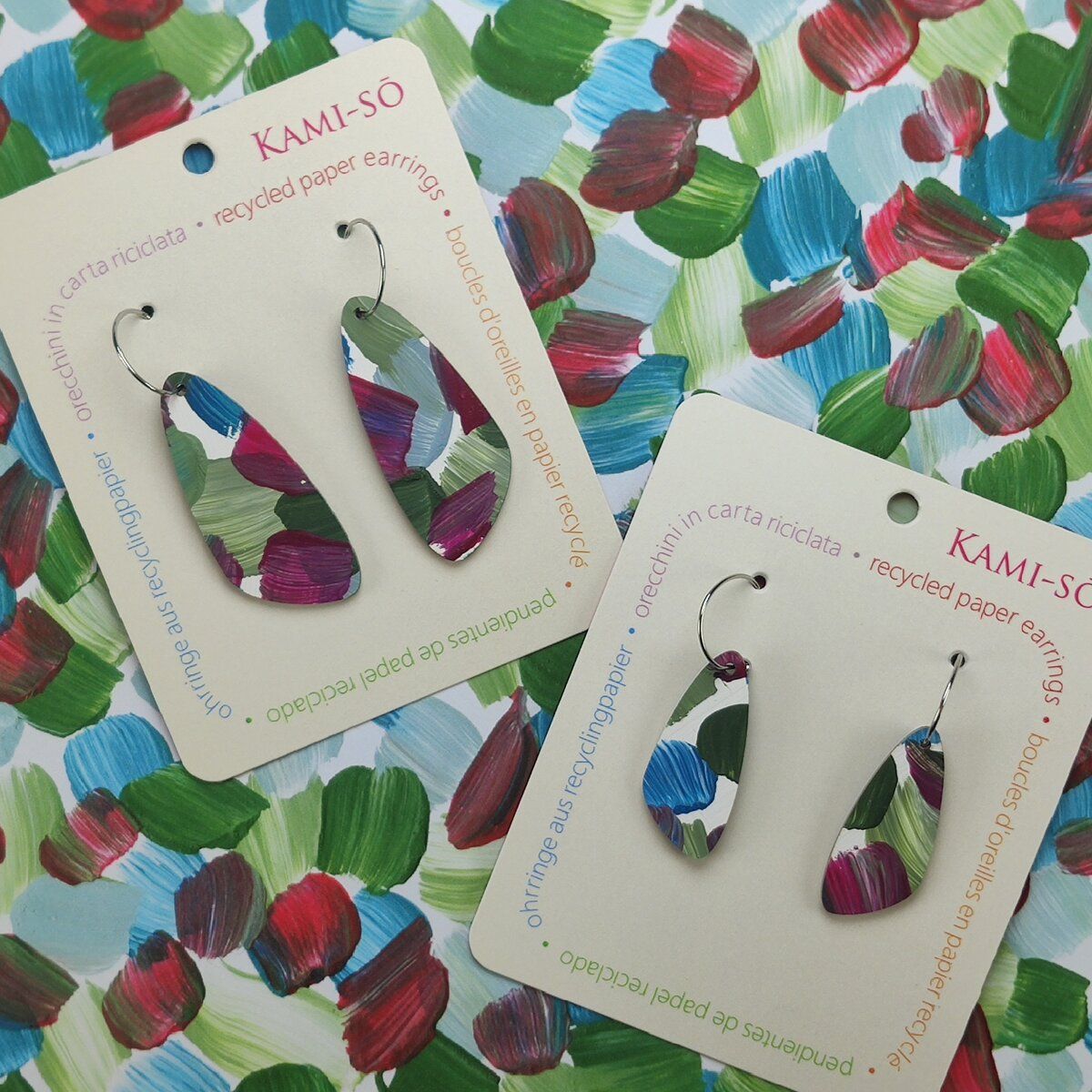 Oval Recycled Paper Earrings - Magenta, Khaki & Blue