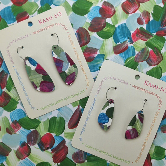 Oval Recycled Paper Earrings - Magenta, Khaki & Blue