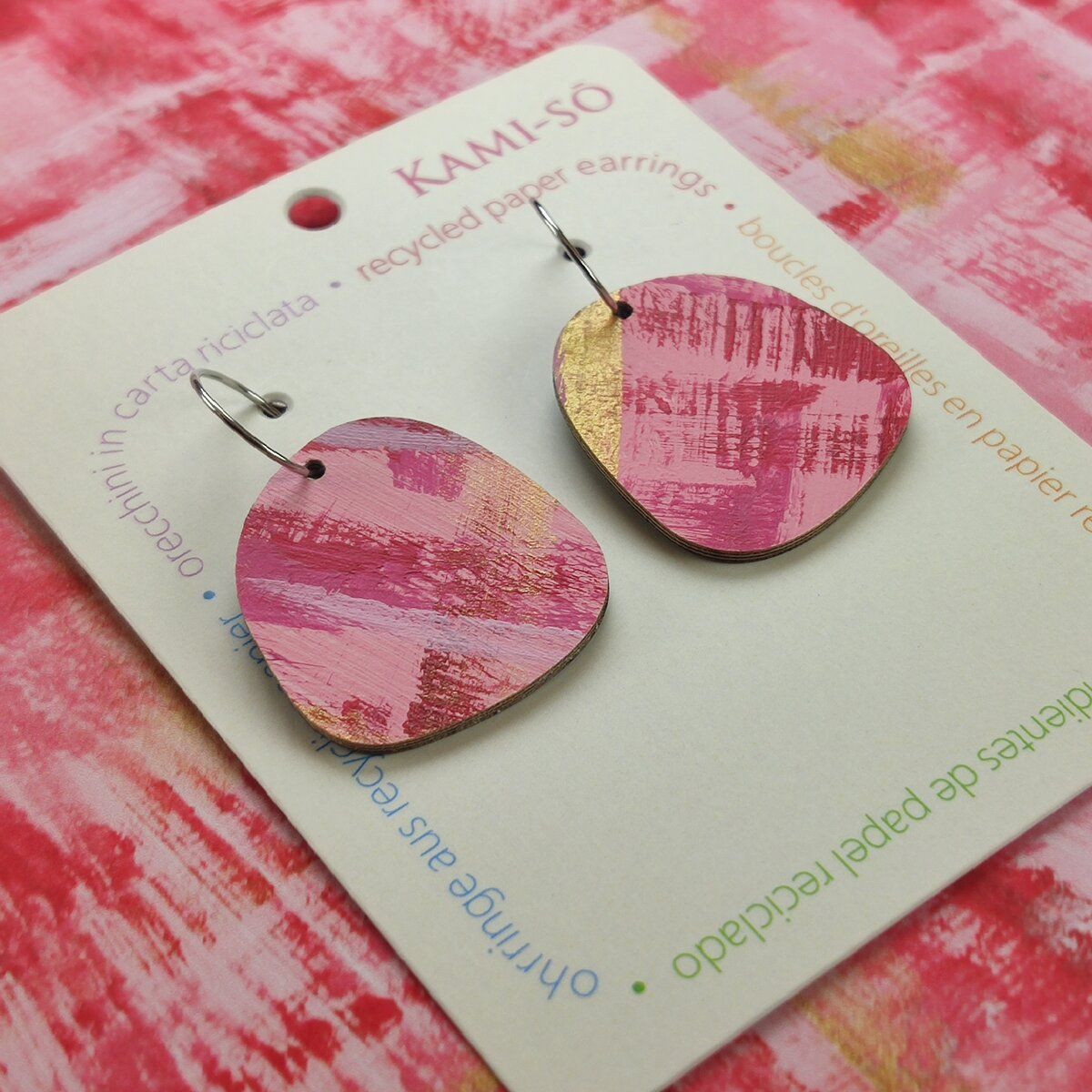 Square Recycled Paper Earrings - Pink & Gold