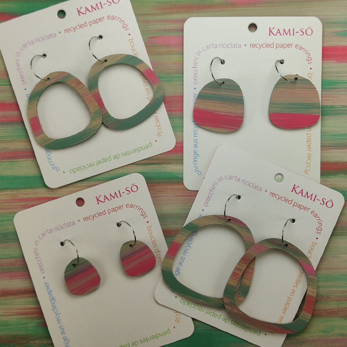 Square Recycled Paper Earrings - Light Brown, Green & Pink