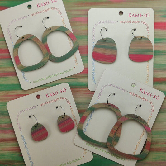 Square Recycled Paper Earrings - Light Brown, Green & Pink