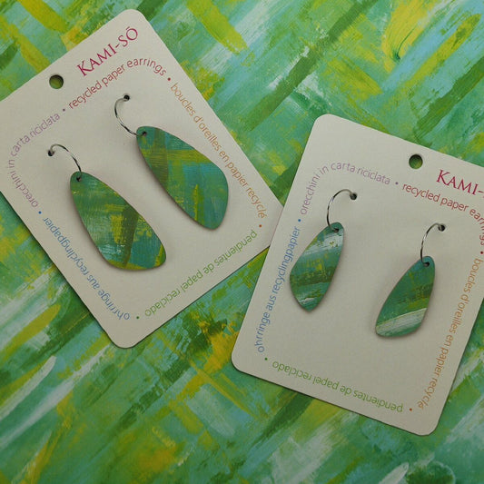 Oval Recycled Paper Earrings - Green, Yellow & White