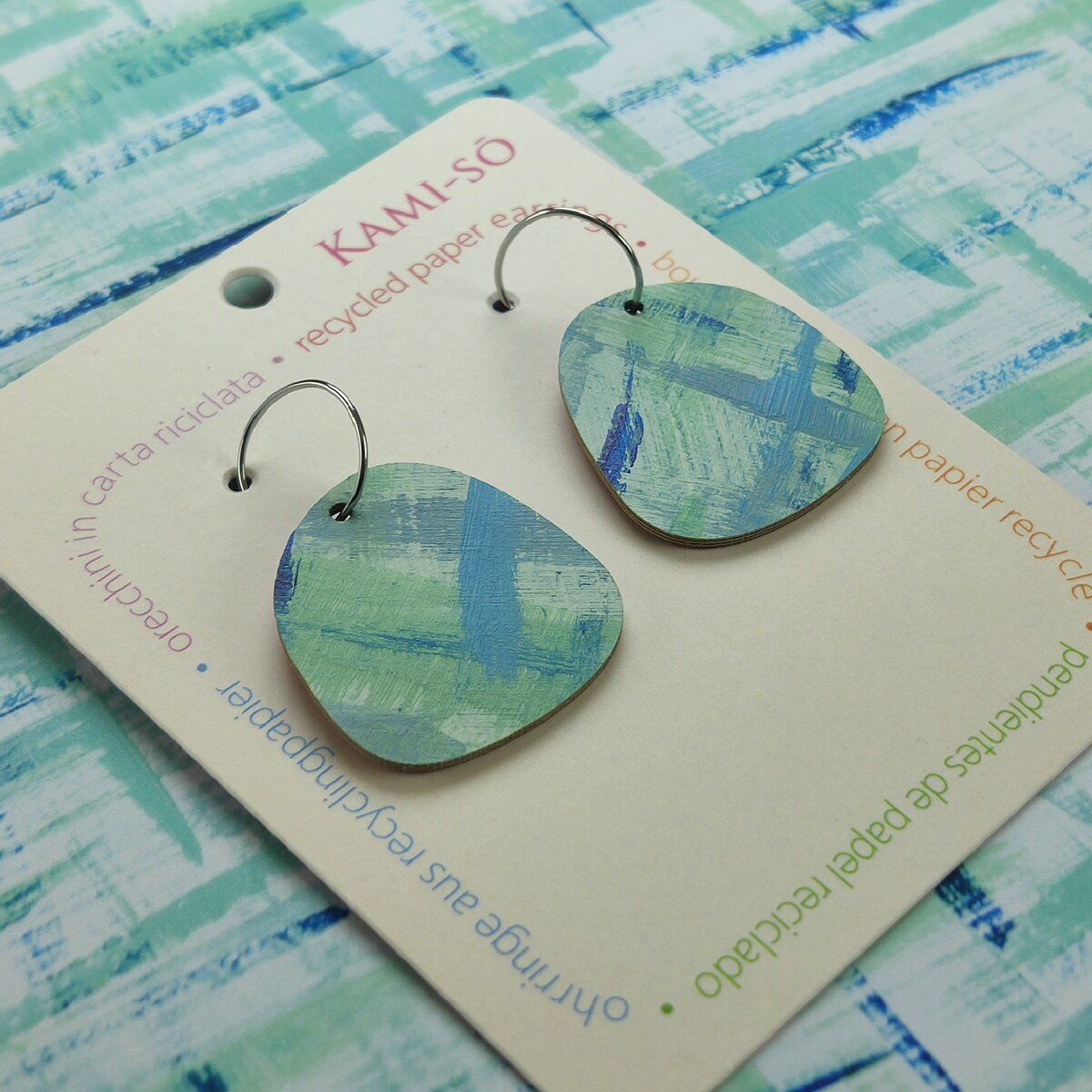 Square Recycled Paper Earrings - Green & Blue