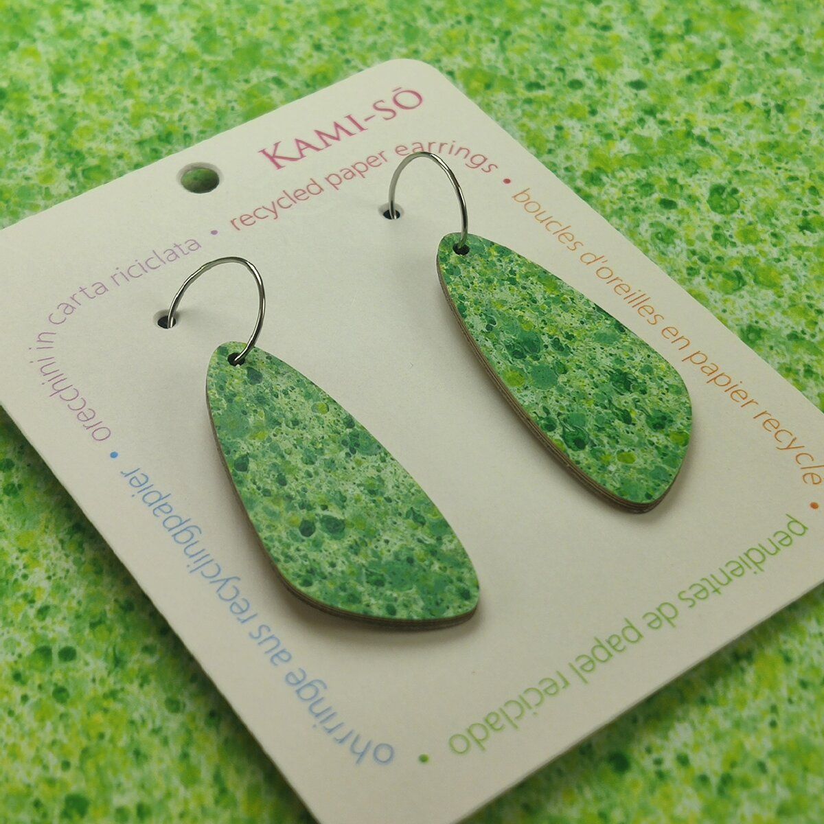Oval Recycled Paper Earrings - Green Speckle