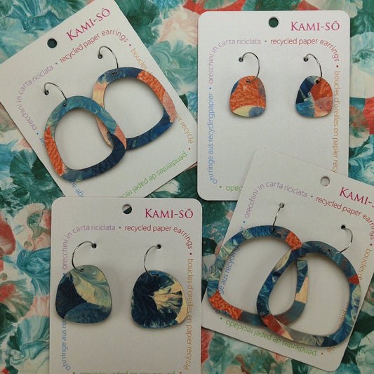 Square Recycled Paper Earrings - Blue, Orange & Cream
