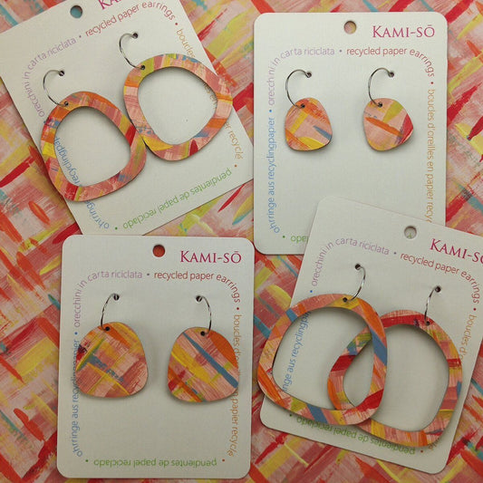 Square Recycled Paper Earrings - Apricot, Red, Blue & Yellow