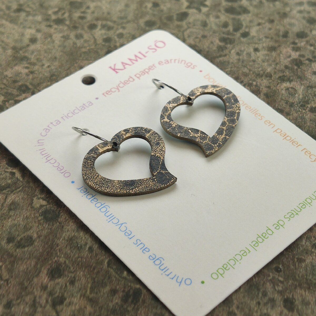 Heart Recycled Paper Earrings - Dark Gold Crackle