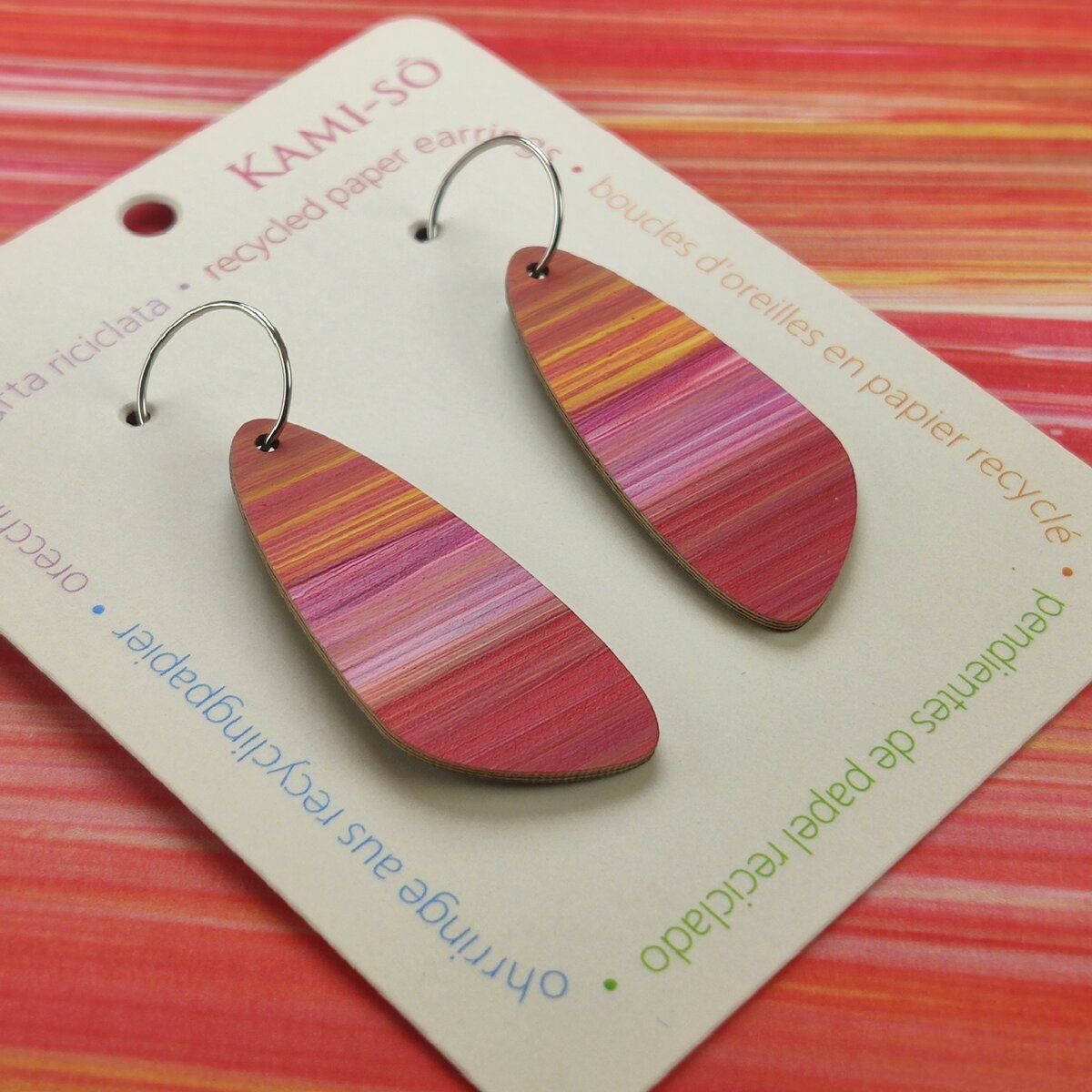 Oval Recycled Paper Earrings - Pink Stripe