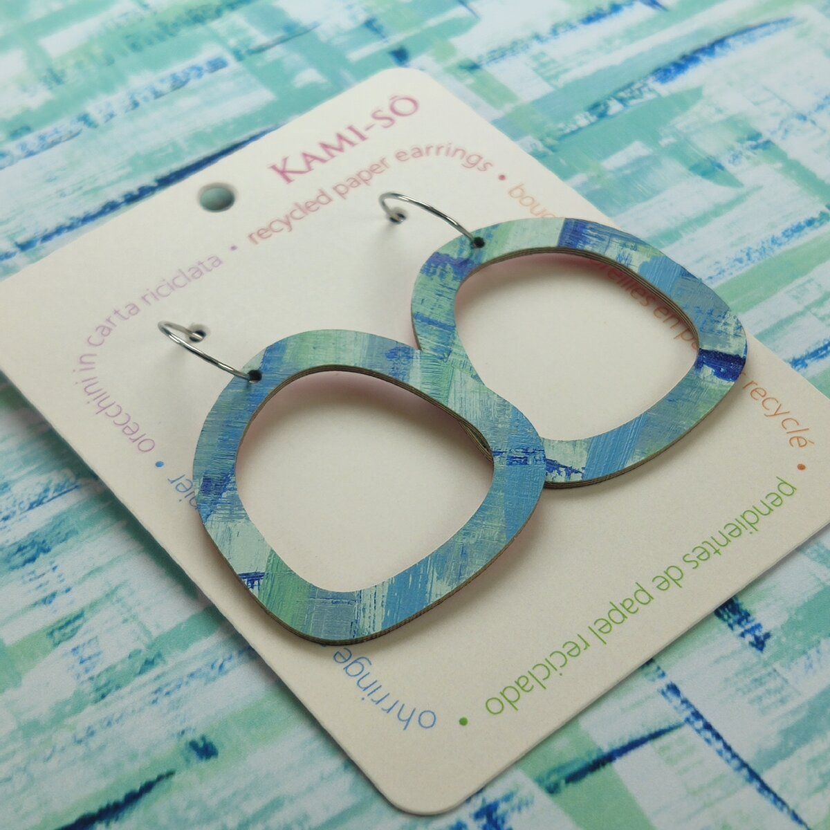 Square Recycled Paper Earrings - Green & Blue