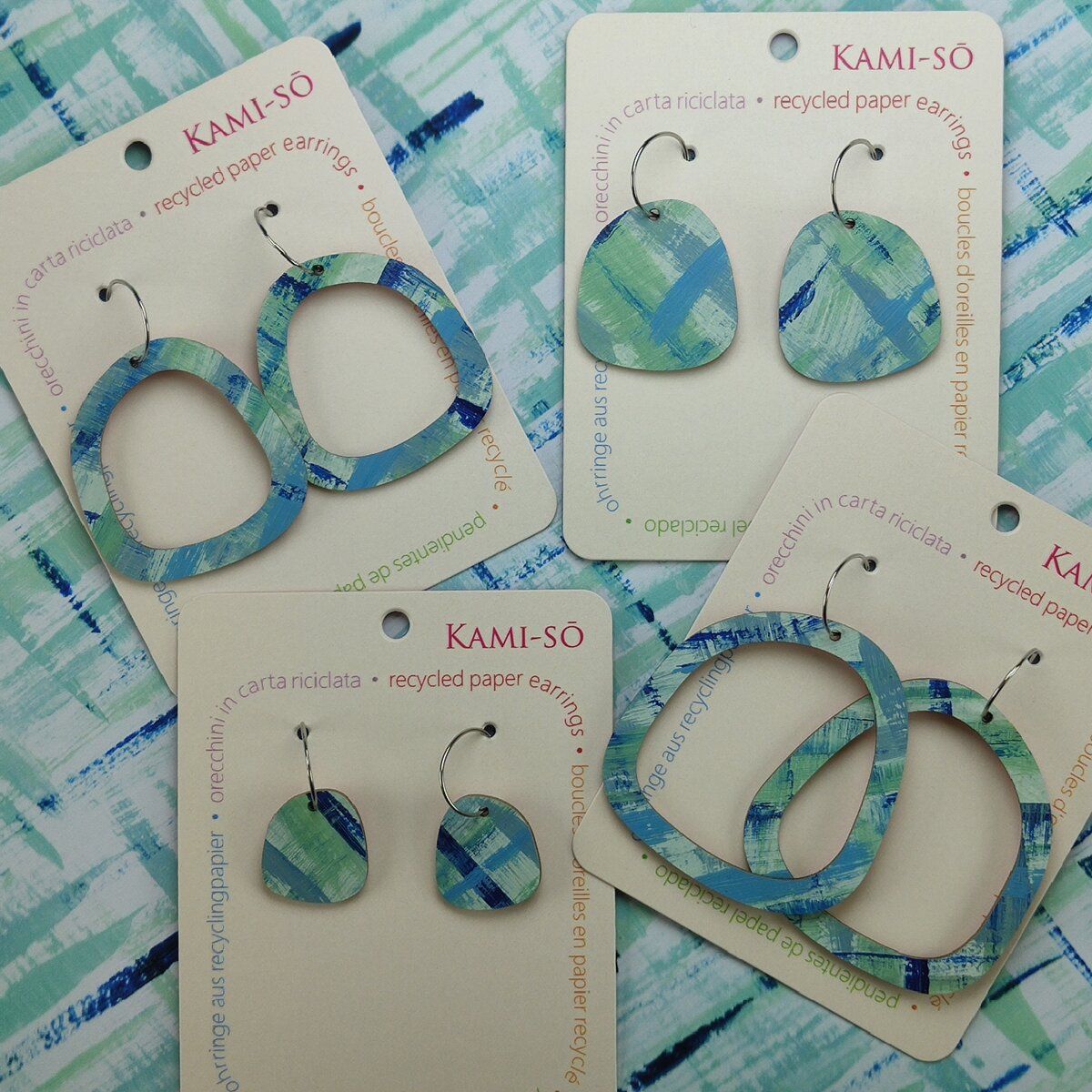 Square Recycled Paper Earrings - Green & Blue