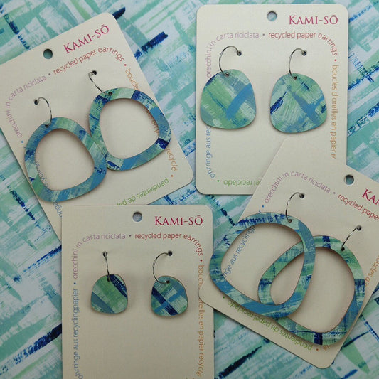 Square Recycled Paper Earrings - Green & Blue